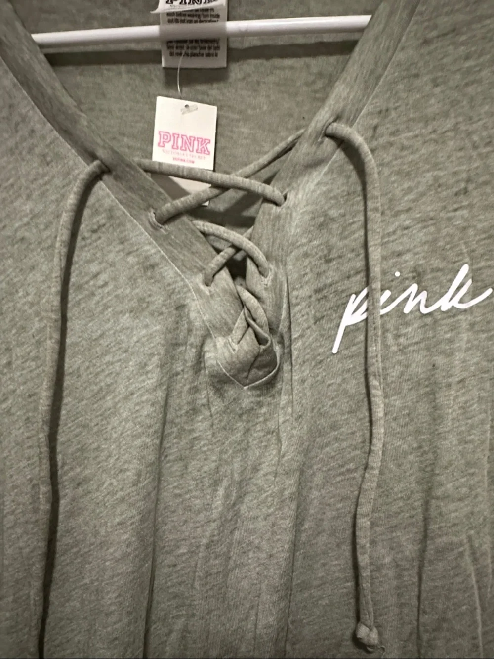 VS pink  Lace-Up V-Neck T-Shirt in Olive Green - Picture 3 of 4